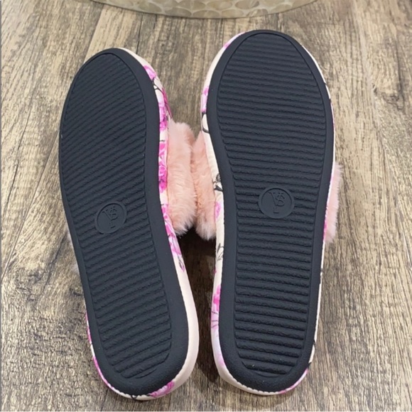 Victoria Secret VS Satin Floral Pink Faux Fur Slippers - Picture 6 of 8